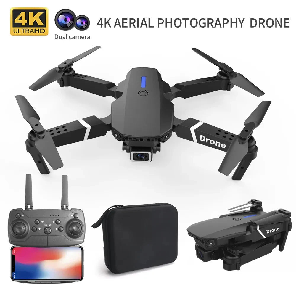 Drone E88 4K plegado mostrando diseño portátil y compacto