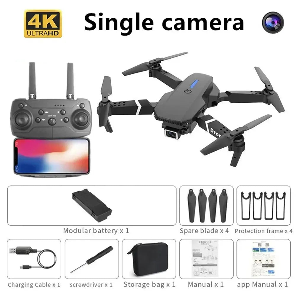 Drone E88 4K con accesorios incluidos y control remoto WiFi